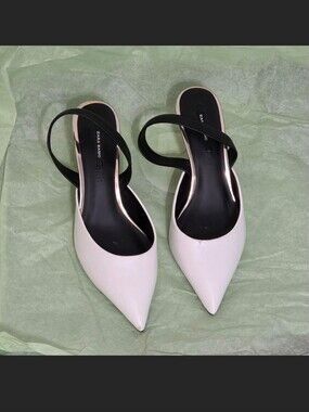 Zara White Pointed Slingback Pumps with Black Strap